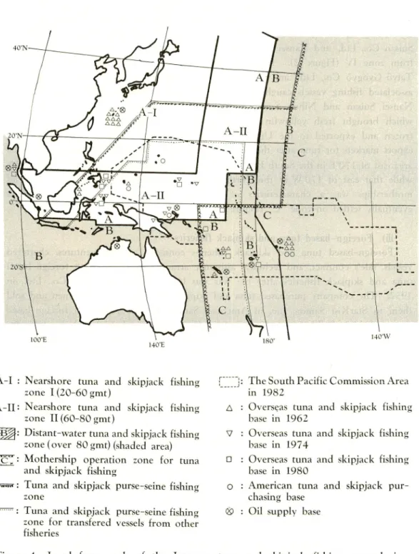 Figure 4. Legal framework of the Japanese tuna and skipjack fishing grounds in Southeast Asian seas and the western central Pacific in 1980 (modified from SUISAN-SHA 1984)