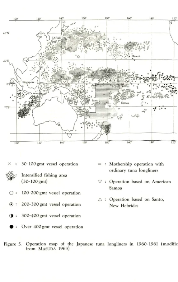 Figure 5. Operation map of the Japanese tuna longliners in 1960-1961 (modified from MASUDA 1963)