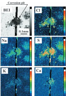 Fig. 7 Residual stress distribution in the thickness direction of a SUS304 pipe. Fig. 5 に孔食部近傍の EPMA 分析結果を示す．孔食部に は Cl の他に，S, Na, Ca, K といった外部環境からの付着成 分と考えられる元素が検出され，特に Cl, S, Na の濃化は顕 著である．Cl, Na, Ca 及び K は海塩粒子に含まれる NaCl, CaCl 2 及び KCl が想定され，S は排気ガス等の大気中ガ