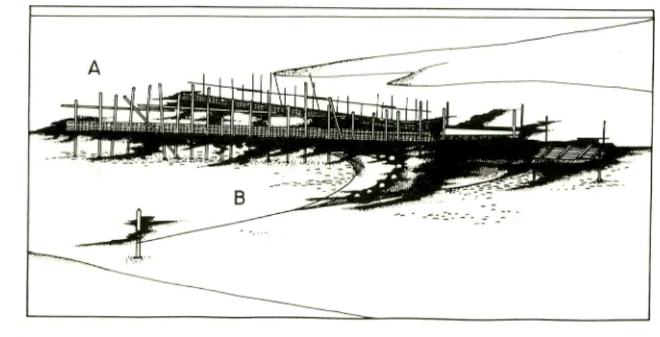 Fig. 1. Illustration comparing the operation of fixed filter nets TANGAB (A) and SALURAN (B) at the mouth of a river.