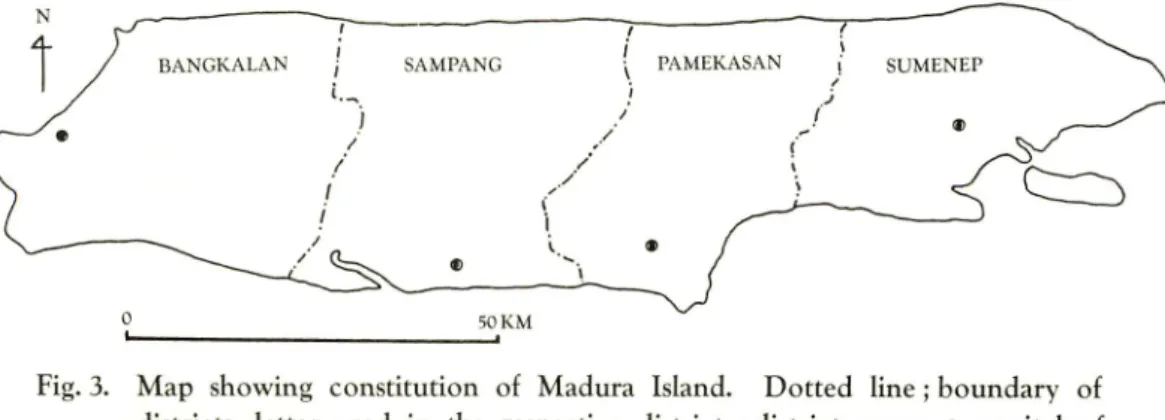 Fig. 3. Map showing constitution of Madura Island. Dotted line ; boundary of districts, letter used in the respective districts; district name, ©; capital of the respective districts
