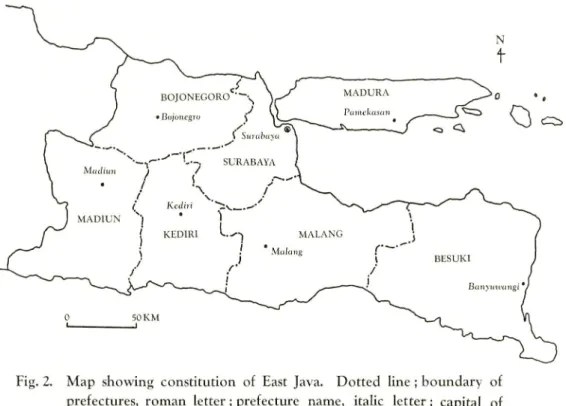 Fig. 2. Map showing constitution of East Java. Dotted line ; boundary of prefectures, roman letter; prefecture name, italic letter; capital of the respective prefectures
