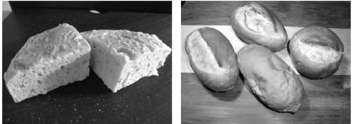 Fig. 1. Bread was made from flour containing papaya fruit powder. Left （Fig. 1a） is  made from flour containing non-treated fruit powder and right （Fig