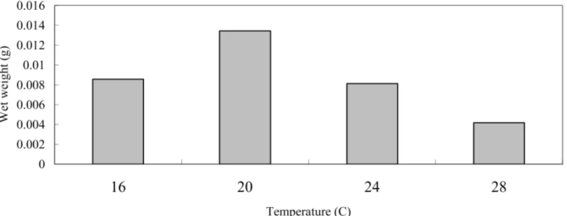 Fig.  5.  Effect  of  temperature  on  the  growth  of  Sargassum  cultured  for  two  months.