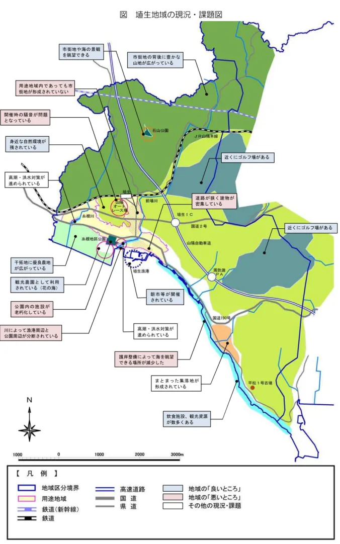 図  埴生地域の現況・課題図  市 街 地 の 背 後 に 豊 か な  山地が広がっている 市 街 地 や 海 の 景 観 を眺望できる  用 途 地 域 内 で あ っ て も 市  街地が形成されていない  開 催 時 の 騒 音 が 問 題  となっている  身近 な自然環境が  残されている  干拓 地に優良農地  が広がっている  観 光 農 園 と し て 利 用  されている（花の海）  公 園 内 の 施 設 が  老朽化している  川によって漁港周辺と  公園周辺が分断されている  近く