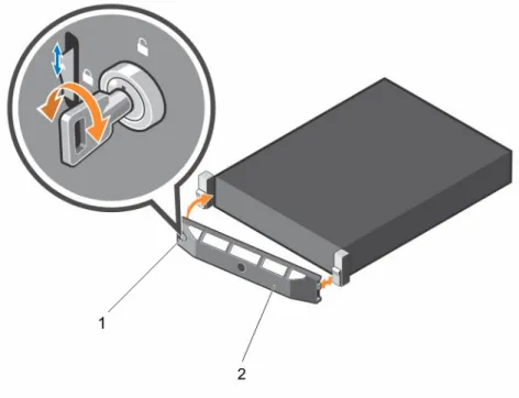 図 5. 前面ベゼルの取り外しと取り付け 1. ベゼルロック 2. 前面ベゼル 前面ベゼルの取り付け 1. ベゼルの右端をシャーシに取り付けます。 2. ベゼルのもう一方の端をシステムにはめ込みます。 3