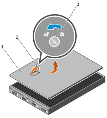 図 19. システムカバーの取り外し 1 システムカバー 2 ラッチ 3 ラッチリリースロック 次の手順 1 システムカバーを取り付けます。 関連リンク 安全にお使いいただくために オプションの前面ベゼルの取り外し システムカバーの取り付け システムカバーの取り付け 前提条件 1 「安全にお使いいただくために」の項に記載された安全ガイドラインに従ってください。 2 すべての内部ケーブルが確実に接続され、邪魔にならないように束ねられていて、システム内部に工具や余分な部品が残っていないことを確認し ます。 手順