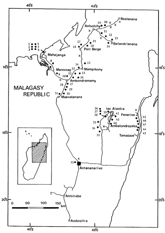 Fig. 1. Map showing several localities where the wild rice in Madagascar were collected and observed.