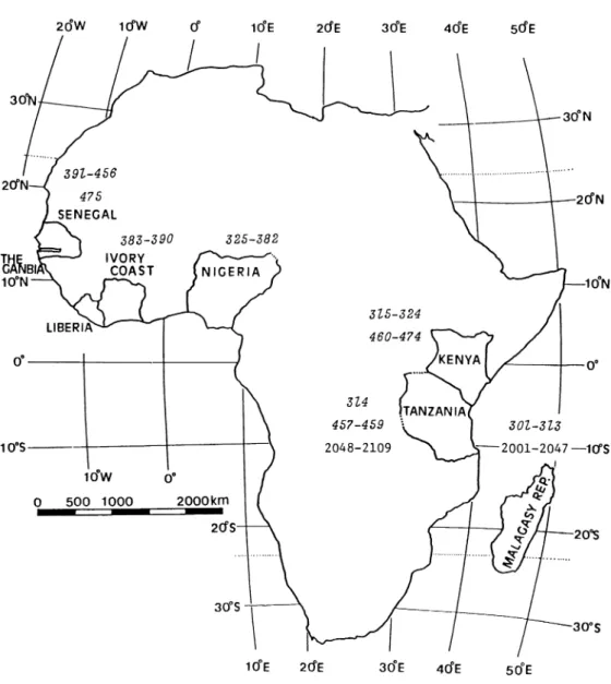 Fig. 1. Map showing the countries where collection and observation of the wild rice were made in Afri ca