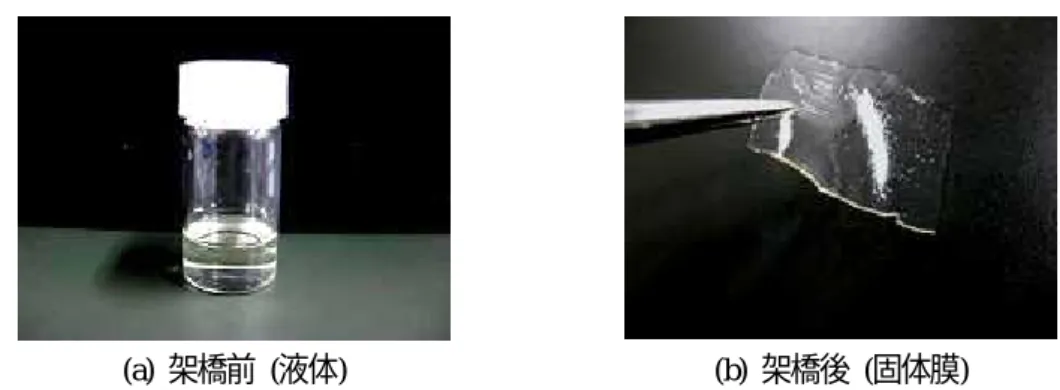 図 3.3 に本実験で作製した電解質の架橋前後の観察写真を示す。電解質の組成には[PEGDME 