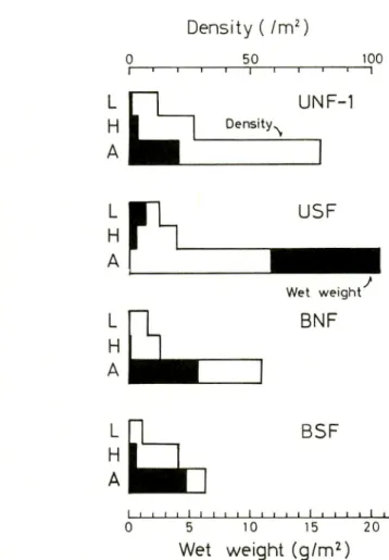 Fig. 3. Vertical change of macro soil-animals, at each forest. For abbreviations, see Fig