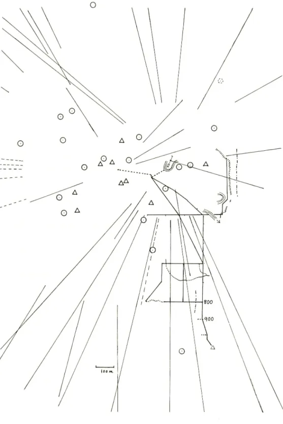Fig. 6. Distribution of Bornean gibbon groups in Km 9 study area. O location by fix, - probable range of location of the groups (sources of call), on