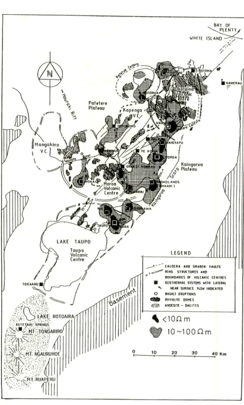 Fig. 5 General patterns of apparent resistivity (electrode spacing AB/2=500 m) over a large portion of the Taupo Volcanic Zone