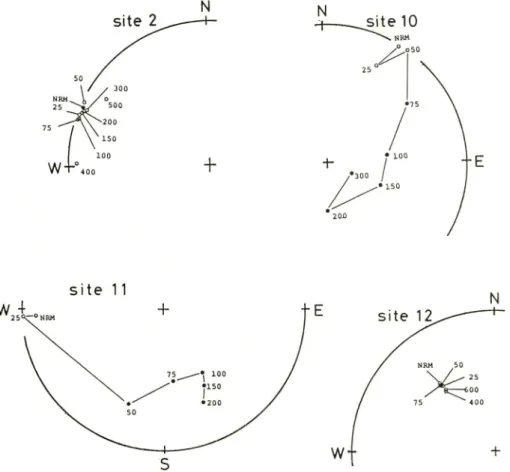 Fig. 3. The examples of the direction change through stepwise partial demagnetiza tion on the equal area projection