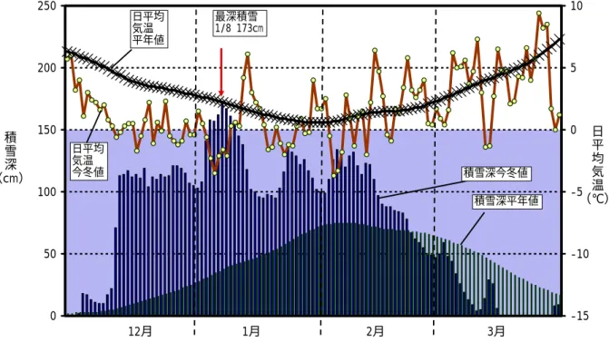 図 1 白山市吉野の今冬期（平成 17− 18 年）の積雪深と 日平均気温  12 月の低温・多雪が特徴的。金沢地方気象台データ よ り 作成。  今年の雪は？   石川県は、福井県、岐阜県などとともに白山を取り囲む地理的位置を占め、冬季間には白山山麓を中心にたくさんの降積雪がもたらされます。図 1 は、白山山麓の白山市吉野の今冬期（平成 17−18 年）の積雪と気温の様子を示したものです。平年における積雪深や気温と比べると、12 月の積雪が多くて、気温も低いことがわかります。特に、12 月 13 日以降に