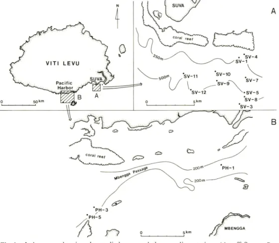 Fig. 1. Index map showing the studied area and the sampling stations (A : off Suva, B : off