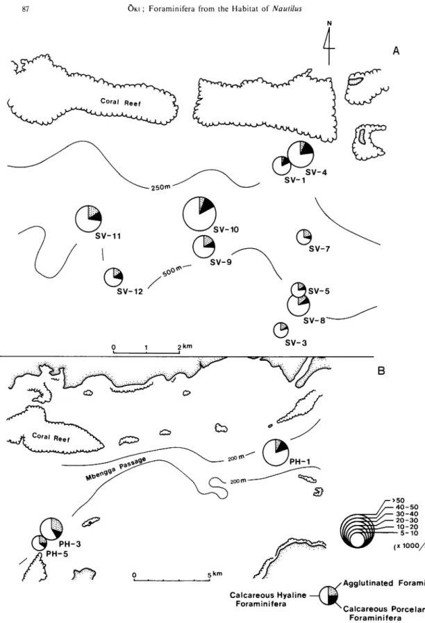 Fig. 2. Map showing the composition and the total number of benthonic foraminifera in lOcc of wet sediment (A : off Suva, B: off Pacific Harbor).