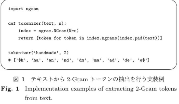 図 1 テキストから 2-Gram トークンの抽出を行う実装例 Fig. 1 Implementation examples of extracting 2-Gram tokens