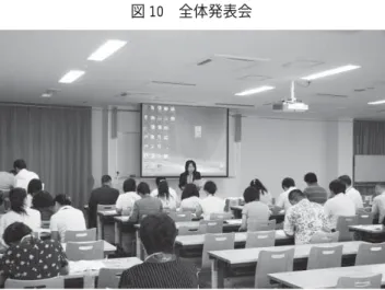 図 10 全体発表会 図 12 発表後懇親会の様子 第３勝 第ニ期：健康環境文化コー スにおけるカリキュラムの評価 方法とその課題 １ アンケートに基づく評価と課題 （１）アンケート調査の方法 ここでは，講義・実習ごとに満足度調査を行ってお り，その成果をまとめる。 アンケート項目は以下の４つである。 講義の内容はためになりましたか？ 講義の方法，進め方について満足していますか？ 講師の話し方やスピードについて満足しています か？ 教材について満足していますか？ 評価については「１」から「５」までの五段階に