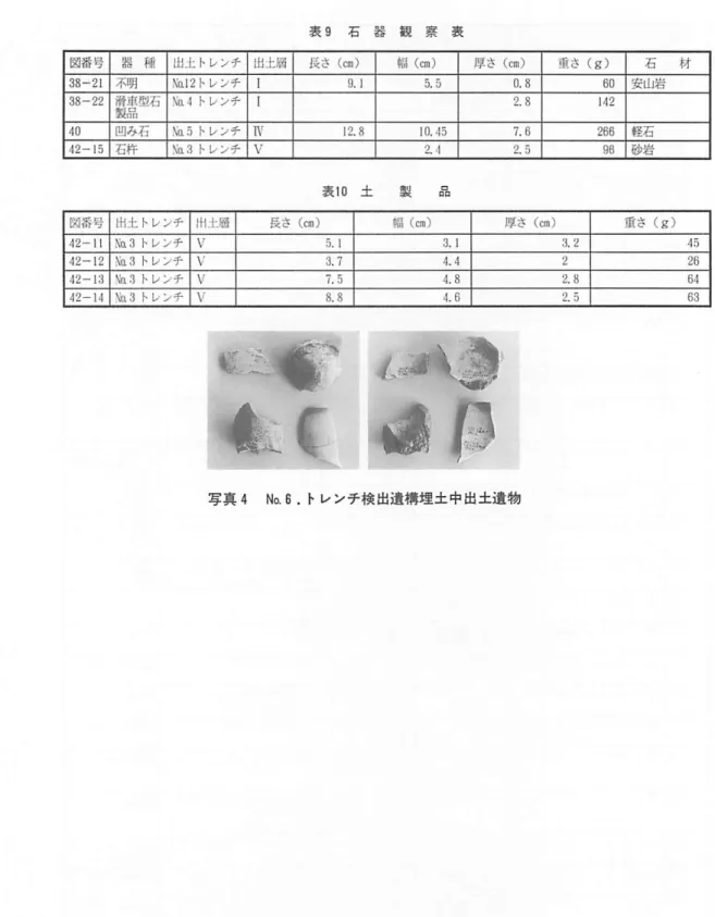 表 9 石 器 観 察 表 表 1 0 土 製 ロ︑ 写真4No.6．トレンチ検出遺構埋土中出土遺物 −80−図番号38‑2138‑224042‑15器 郡不明滑車型石製 品凹み石石杵出土トレンチNal2トレンチ恥 4 ト レ ン チ恥5トレンチ脱3トレンチ出土層IIⅣV長さ(cm)9.112.8 幅(era) 5.5 10.452.4 厚さ(cm) 0.82.87.62.5 重さ(9) 6014226696 石 材安山岩軽石砂岩図番号42−1142‑1242‑1342−14出土トレンチNa3トレンチ¥a:
