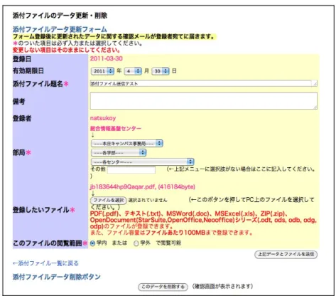 図 6  添付ファイルのデータ更新・削除の画面 Fig. 6 Screen for uploading or deleting data of an attachment file.