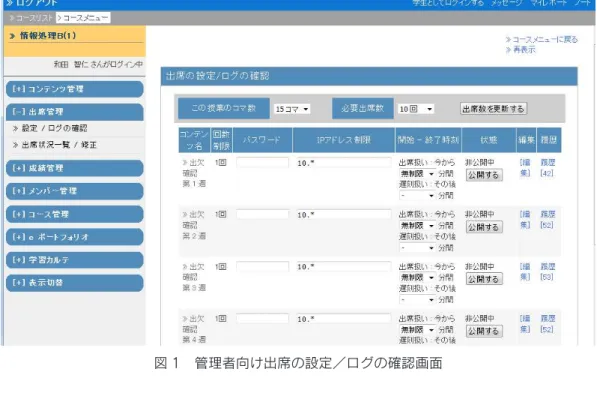 図 1　管理者向け出席の設定／ログの確認画面 図 2 教員用の出欠状況一覧画面WebClass には，学生ごとの出席状況を記録し集計するための『出席管理』機能がある．これを利用すると出席状況が WebClass によって自動的に集計され，教員はこれを一覧でリアルタイムに確認できるようになる．出席管理機能を使用する際の流れは以下のようになる．1