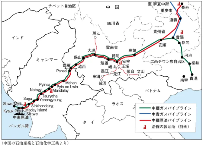 図 10  ミャンマーから中国への原油･ガスパイプライン  4.5.  中国向けサウジ原油輸送パイプライン    中国は、マラッカ海峡迂回のため、ミャンマーから中国西南地区に原油を輸送すること を計画、2005 年 7 月にミャンマー政府と覚書きに調印した。前述したガスパイプラインと 並行して敷設することになり、2007 年 1 月に CNPC と MOGE が、原油/天然ガスパイプラ イン敷設の FS 作業実施に合意し、2009 年 6 月に CNPC とミャンマー・エネルギー省が契 約に調印した。201