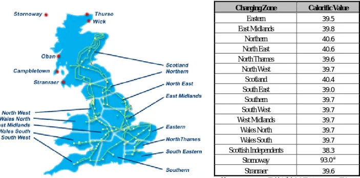 図 2-3 課金エリアの概要とゾーン毎の熱量データ（単位：MJ/m 3 、2005 年 5 月 25 日実績）  Charging Zone  Calorific Value 