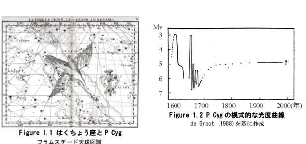 Figure 1 11 1.1 .1 .1 .1      はくちょう はくちょう座 はくちょう はくちょう 座 座 座と と と と P Cyg P Cyg P Cyg P Cyg     フラムスチード天球図譜 Figure 1.2 P CygFigure 1.2 P CygFigure 1.2 P Cyg Figure 1.2 P Cyg のの の模式的の模式的模式的 模式的なな な光度曲線な光度曲線光度曲線 光度曲線   de Groot (1988)を基に作成 