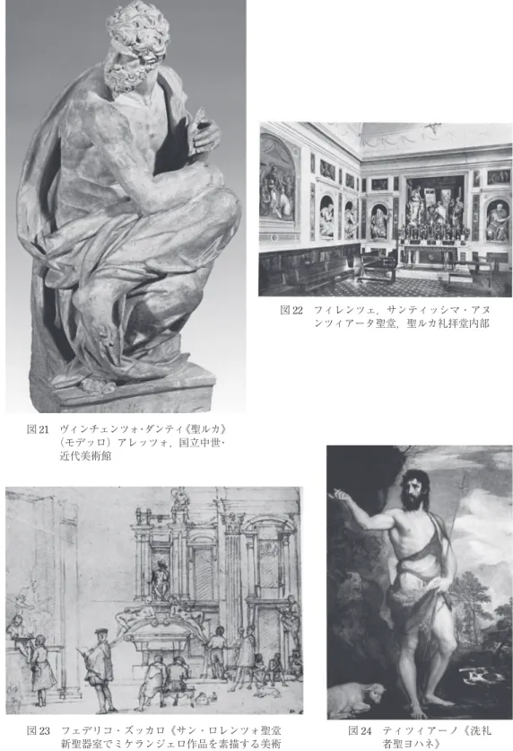 図 21  ヴィンチェンツォ・ダンティ《聖ルカ》 （モデッロ）アレッツォ，国立中世・ 近代美術館 図 22  フィレンツェ，サンティッシマ・アヌンツィアータ聖堂，聖ルカ礼拝堂内部 図 23  フェデリコ・ズッカロ《サン・ロレンツォ聖堂 新聖器室でミケランジェロ作品を素描する美術 家たち》1560 年代末ないし 70 年代，ルーヴル 美術館 図 24  ティツィアーノ《洗礼者聖ヨハネ》 ヴェネツィア，アカデミア美術館