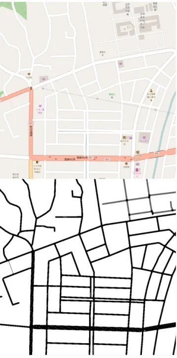 図 1 OpenStreetMap 地図と変換した SUMO ネットワーク Fig. 1 OpenStreetMapmap and converted SUMO network
