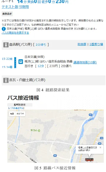図 2  徒歩による乗換を考慮しない経路  図 3  徒歩による乗換を考慮した経路  の探索を行うように設計されている．また，路線バスの停 留所には，場所を知らせる道路標識などがないだけでなく， そのバス停にどのような路線バスが停まり，どのような運 行状況であるかの把握が困難である．そのためバスネット においては，停留所を直接指定することなく，任意の座標・ ランドマークを出発地・目的地として指定することにより 解決を図った．これによって，目的地付近の停留所を直接 把握せずとも，目的地を指定するだけで経路探索