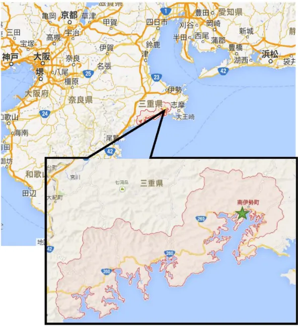 図 2  南伊勢町、三重県立南伊勢高校南勢校舎の位置 