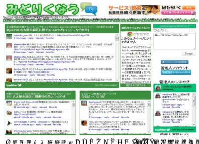 図   2  愛知県名古屋市緑区「みどりくなう」 (twitter ポータルサイト )  2.2  Facebook 内の機能、用語説明  Facebook には個人と個人、個人と組織、また組織と組織の間で相互的な情報発信や データ共有を可能にする為の様々なコミュニケーション機能が存在する。本研究では 以下の機能および Web サービスに着目し、システムを考察する。 2.2.1  Facebook ページ ( 旧ファンページ )  特定の企業やブランド、施設またはイベントなどの「コンテンツ」に着目し、そ の