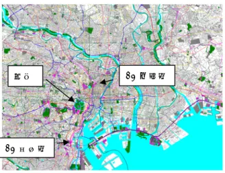 図 3  実験対象地域(東京都中心部)  4.2.  生成された解の分布状況    図 4～7 に, 1 回の探索で得られた解の分布を 示す.  図 4, 5 は VICS データを用いていない場合,  つまり車は常に標準速度で走行するものと仮定 して実験を行った場合(静的環境)の結果である