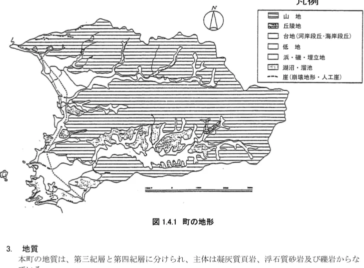 図 1.4.1  町の地形  地質3. 本町の地質は、第三紀層と第四紀層に分けられ、主体は凝灰質頁岩、浮石質砂岩及び礫岩からな っている。 山地の地質（1） 鋸山周辺には凝灰質砂岩・泥岩互層の半固結∼固結堆積物が分布するが、中腹から上には火山性 の凝灰岩がみられる。これより東側一帯には、佐久間層群の三浦泥岩層が広く分布している。  中央部から東部にかけては半固結∼固結の砂岩・泥岩互層が分布している。南部は半固結∼固結 の砂岩あるいは砂岩・泥岩互層が主体である。  丘陵の地質（2） 佐久間川流域の山地から河岸