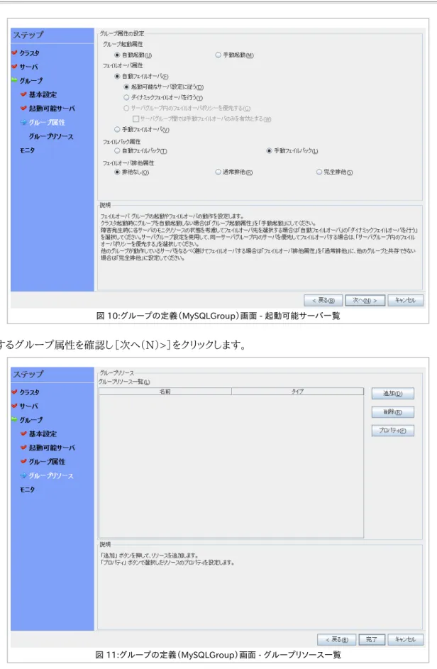 図 10:グループの定義（MySQLGroup）画面 - 起動可能サーバ一覧