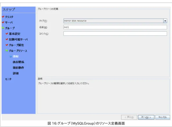 図 16:グループ（MySQLGroup）のリソース定義画面