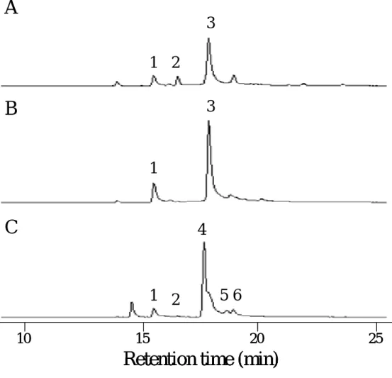 Fig. 3-2. HPLC chromatogram of 80％  EtOH extract (A, Yaeyamakazura; B, Nishiyomogi; and C, Hosobawadan)  Peak 1, chlorogenic acid; peak 2, caffeic acid; peak 3, isochlorogenic acid; and peaks 4, 5, and 6, unknown