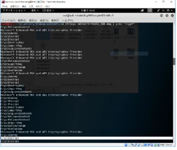 図 3  CryptoAPI の痕跡  6.  考察    本論文では，ランサムウェアの挙動や特徴の共通点とな るものを模索するために解析を行った．まず，CPU 使用 率が 100%近くを占めた要因として，暗号化の処理が行わ れていたと考えられる．WannaCry は，起動直後に暗号化 の動きがあり，数秒で身代金要求画面に切り替わった．こ のことから，CPU 使用率が 100%近くを占めたのが 1 度だ けだったと考えられ，身代金要求画面に切り替わるまで比 較的時間のあった Locky，CERBER は複数