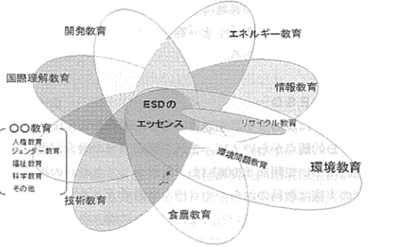 図 2 環境教育からみた E S D モデル(試薬) なお，このモデルで、取り上げたそれぞれの課題教育の内容の一部は， 1 9 8 9 年改訂の小学校学習 指導要領及び中学校学習指導要領における，ノト・中学校の各教科，道?忠，特別活動及び総合的な 学習の時間の内容にほぼ適合している。今後，改良を加え，より適切な構成にするよう努力を続 けたいと考えている。 5