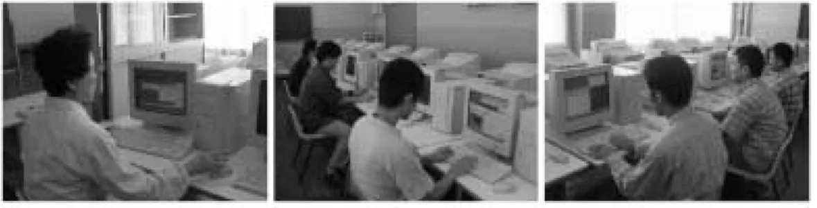 図 5: 電子黒板を利用した授業 5 おわりに 一般的な分散コンピューティング環境で利用でき る教育支援システムである電子黒板システムを実際 の端末教室に導入して実用上の性能測定および実際 の授業で利用して使い勝手などの検証を行なったこ とについて述べた． 現在では高速な分散環境が以前と比べ比較的容易 に導入できるようになってきており，当初データ転 送の遅延増大が懸念されていた本システムも速度面 において比較的快適に利用できるようになってきて いる．また使い勝手の面でも，教師画面の例示を受 講者のモニタに取