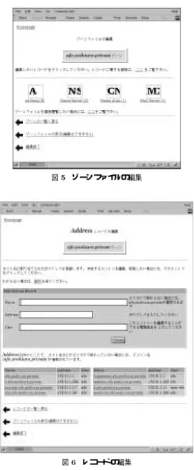 図 3 管理者情報の編集 図 4 DNS Editor のトップページ ザが同時に編集作業を行うと、データの不整合が生じる 可能性があるので、 Web サーバでは、あるユーザがこの ホームページアクセスすると、 lock ファイルを生成し、複 数のユーザによる編集を防止する。ユーザがトップペー ジにある DNS Editor をクリックし 、 lock ファイルが 存在しなければ、図 4 に示すホームページが表示され、 DNS データの編集が可能となる。 lock ファイルが存在 する場合には、編集している