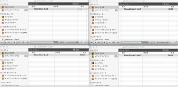 図  7：音楽再生ツールを用いた機械音声による声援  4.3  比 較 方 法    声援についての比較検証を行う前に，傍観者がない状態 で走行してもらい，個人のベースデータとして速度変化の 傾向を記録する．これにより，声援の影響によって速度が あげられたかどうかを明確に判断する．比較の対象は(1) 「近接と遠隔」，(2)  「遠隔音声のみと録音」(3) 「録音と機 械音声」である．  速度変化の記録方法は，被験者が走行している様子をビ デオに撮影し，ルームランナーのデジタル表示板の情報を もとに，走行中の
