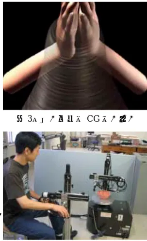 図 5：バーチャル陶芸プロジェクト全体構想  図４：遠隔陶芸ロボットシステム図3：バーチャルCGムービーデオを作成した．また．磁気式の3次元モーションキャプチャおよびデータグローブを使用して，作品を作る陶芸家の腕や手，指の動作を計測し，陶芸家のデジタルモデルと計測した動作，そして粘土の変形の様子を組み合わせ，バーチャルCGムービーを作成した．バーチャルCGムービーの一例を図3に示す．バーチャルCGムービーは，映像の視点を自由に変更したり，通常では撮影が難しいカメラアングルからの映像を自由に観察することができ