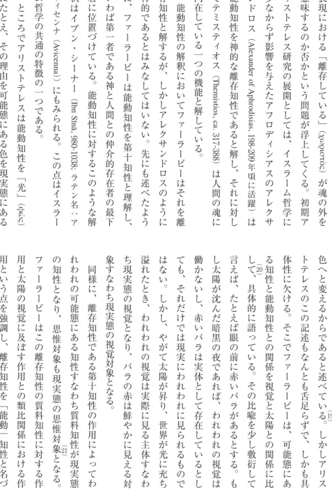 表 現 に お け る ﹁ 離 存 し て い る ﹂ ︵ χωριστὸς ︶ が 魂 の 外 を意味するのか否かという問題が浮上してくる。初期アリストテレス研究の展開としては、イスラーム哲学に少なからず影響を与えたアフロディシアスのアレクサンドロス︵Alexander of Aphrodisias, 198-209年頃に活躍︶は能動知性を神的な離存知性であると解し、それに対してテミスティオス︵Themistios, ca