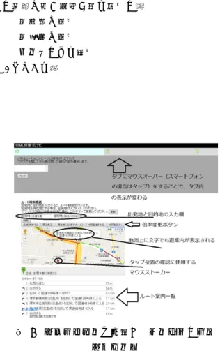 図   9   タブメニューを使用したカーナビのイン タフェース Audio“に触れる必要がある．  これではどちらも注意散漫で，短い信号待ちの間に操作を行うことは危険だと言える．そこで，Androidと通信を行う．外部の加速度センサを使用した操作を考えた．スマートフォンの外部操作は文献９の様な研究が既にあり，Blue toothを使用したセンサでスマートフォンを操作する方法を取り入れれば姿勢を崩さずに操作できる． 3.4 今回の実装従来のカーナビゲーションシステムを見ると必要な機能として，ナビゲーション以