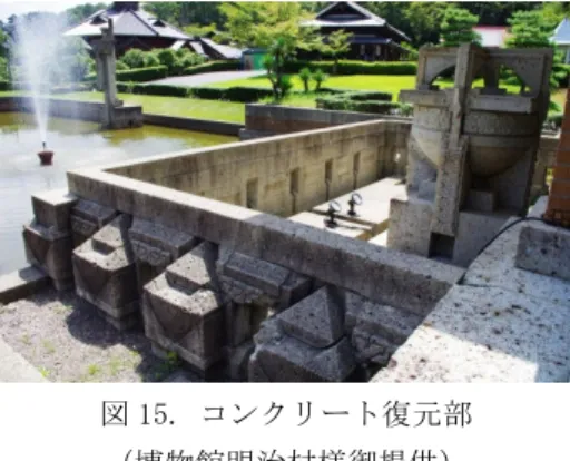 図 15. コンクリート復元部  （博物館明治村様御提供）    スクラッチタイルは素材も同様のものを使用していたが， その他の部分は，素材も変更されている．図 15 は，玄関部 分の装飾を復元したものである．本来の素材は，大谷石で あったが，費用面や耐用年数を考慮し，コンクリートで復 元したのである．この部分は，当初部材を使用する計画で あったが，大谷石の劣化が著しく，再構築中に表面が剥離 したり，折れたりしたため，コンクリートを用いたのであ る．  図 16