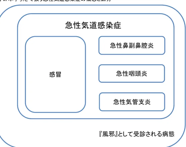 図 1. 本手引きで扱う急性気道感染症の概念と区分 注 5  (3) 急性気道感染症の診断方法及び鑑別疾患  急性気道感染症において、抗菌薬が必要な症例と不必要な症例を見極めるた めに有用な分類として、ACP による分類が知られている 21,38–40 。これは急性気道感 染症を鼻症状（鼻汁、鼻閉）、咽頭症状（咽頭痛）、下気道症状（咳、痰）の 3 系統の 症状によって、感冒（非特異的上気道炎、普通感冒）、急性鼻副鼻腔炎、急性咽頭 炎、急性気管支炎の 4 つの病型に分類するものである（表 1）。本手引きでも、