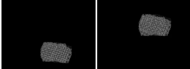 図 21: 2 枚の投影画像 図 22: 実験画像 1 図 23: 実験画像 2 図 24: 実験画像 3 れば，モノづくりの現場において，物体の位置決めなどに利用できる．( 2 )ある定められた奥行き位置で，表示されている文字や記号を正しく識別することができる．これが実現されると，奥行きごとに異なる情報提示が可能であり幅広い利用が見込める．実機を用いて，上記目的の達成度合いを10 名の被験者実験により評価した．評価実験には図15で用いたプロジェクタと同一の2台のプロジェクタを用いた．実験の手順として，最初